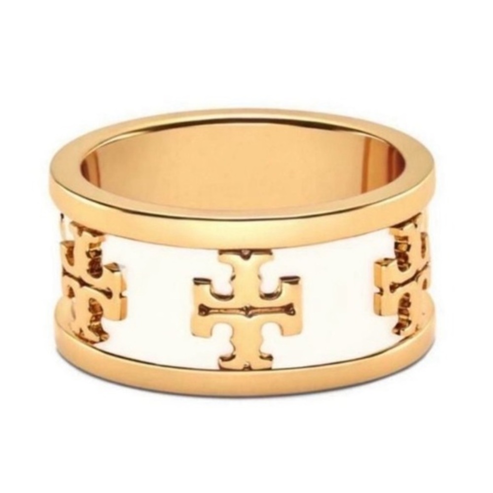 Tory Burch Logo Enamel wide Band Ring 7 NWT